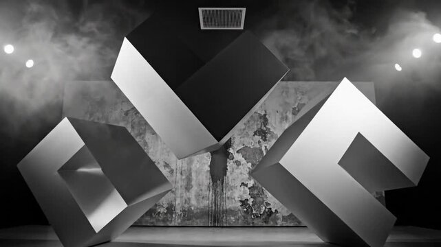 Abstract geometric shapes levitating in a dark room with dramatic lighting and smoke, artistic design