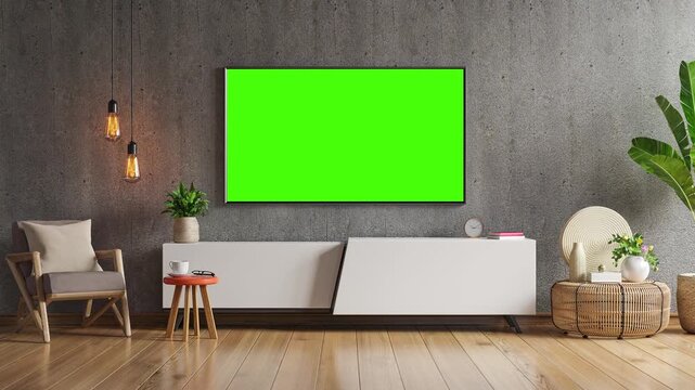 Modern interior design of an empty living room lounge featuring a wooden floor, 3d furniture including a sofa and chair, and a flat screen plasma tv mounted on the wall above a table