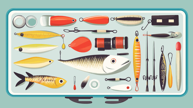 Illustration of fishing gear organized within a rectangular case, featuring lures and tools