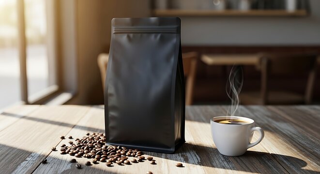Steaming cup of black coffee next to a dark, blank coffee bean bag on a rustic wooden table, morning light.
