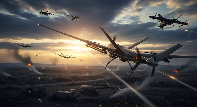 Drones and Fighter Jets in Sky Over War-Torn Landscape at Sunset
