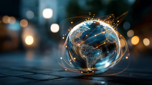 Transparent glass globe with etched continents floating above the ground glowing with digital data and technology light