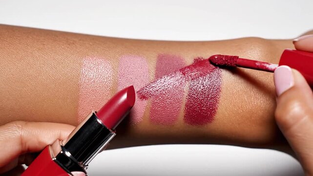 Close-up of hand testing lipstick swatches on arm, makeup application concept