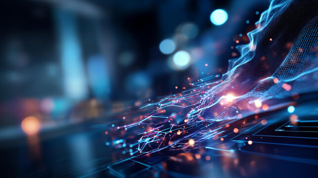 Abstract AI and big data visualization background showing technology analytics, machine learning network graphics in a futuristic digital environment