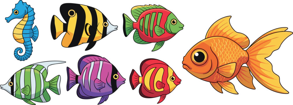 Colorful Marine Life Set with Seahorse, Tropical Fish, and Goldfish in Vibrant Cartoon Style for Kids