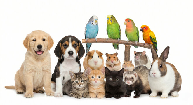 Large group of diverse domestic pets including puppies kittens parrots rabbit and rodents on white background
