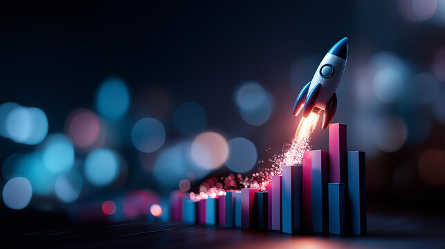 3D business growth bar chart with rocket launch in dark blue and violet tones conveying dynamic action and upward progress