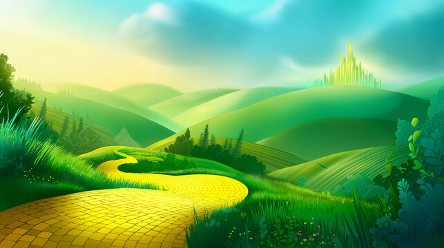 Vibrant fantasy landscape with a winding yellow brick road through rolling green hills and lush meadows