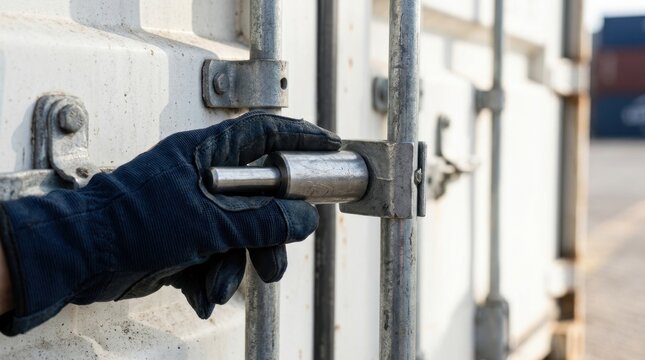 Close-up of a customs officer's hand sealing a shipping container. Detailed view of cargo security, sealing procedures, and international trade compliance in a port.