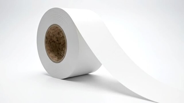 White adhesive tape roll unwinding on a clean white background, close-up studio shot.
