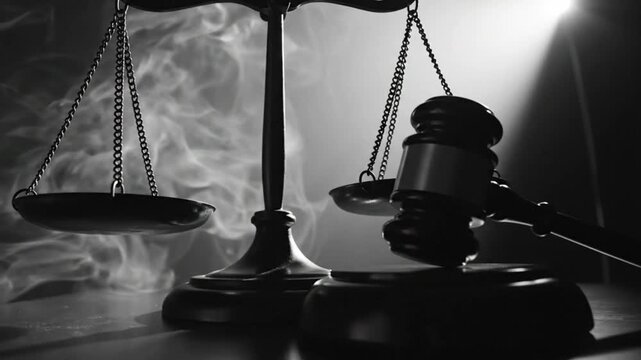 Symbol of justice with scales and gavel, dark, dramatic atmosphere with smoke and spotlight