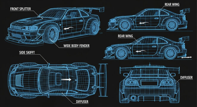 Blueprint Schematics of Modified Sports Cars.