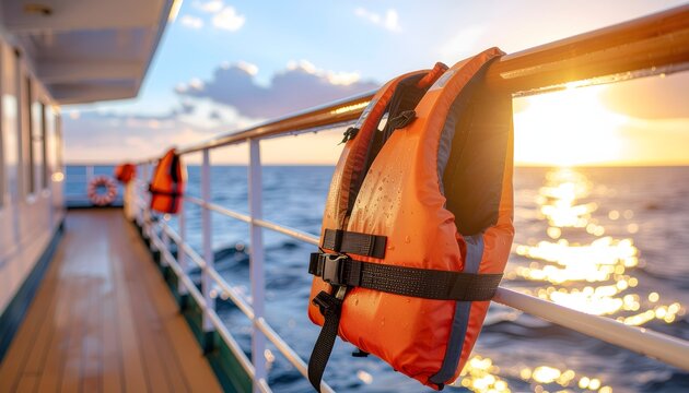 Orange life jackets hanging on a railing on a cruise ship at sunset