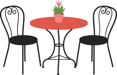 Fototapeta premium Elegant Café Table Set with Two Chairs and Potted Plant for Outdoor Dining and Patio Decor Designs