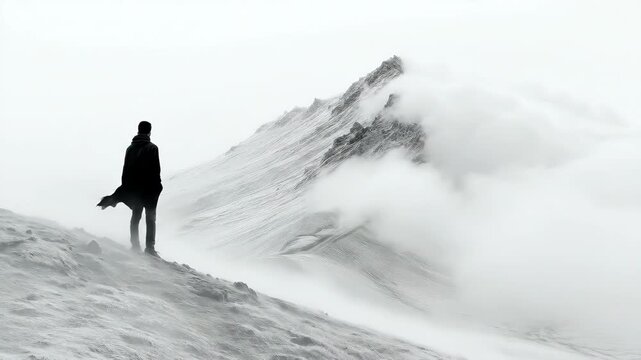 Woman in long coat stands on snowy ridge overlooking misty mountains. Silhouette with string instrument on back then in hand. Foggy adventure and musical solitude in nature