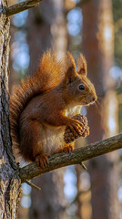 Fototapeta premium A red squirrel sitting on a tree branch holding a pinecone in a forest