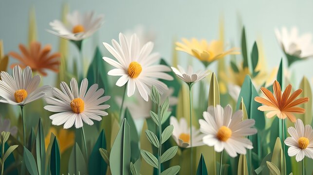 Colorful paper daisies blooming in a whimsical field of tall paper grass, creating a joyful springtime scene. The paper flowers showcase vibrant details.