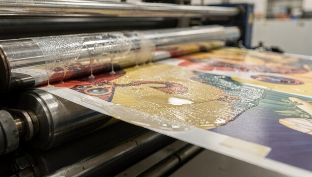 Close medium shot of a multicolor flexographic machine adding a spot varnish finish on printed paper web highlighting surface texture and sheen effects precoating.