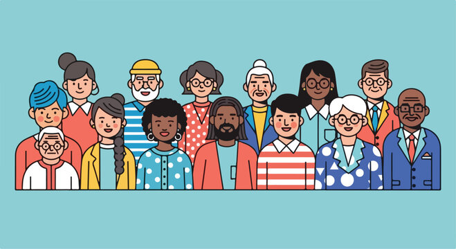 Diverse community group of people avatars, multicultural society characters in flat line art style, inclusive crowd of men and women vector illustration