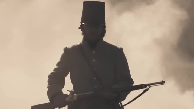 Tracking shot of soldier advancing with rifle through foggy battlefield at dawn in sepia toned historical uniform