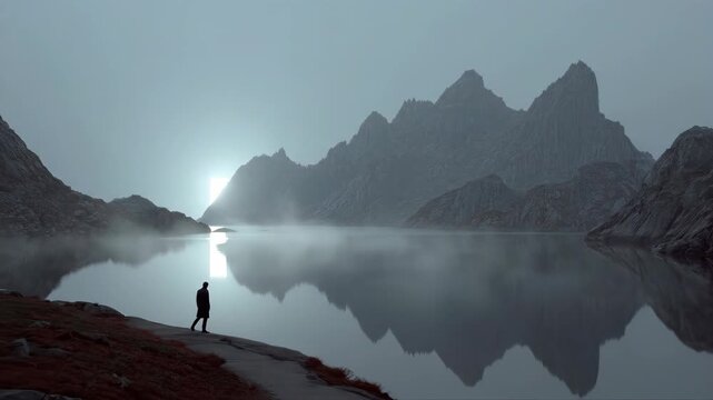 Silhouetted person standing by reflective mountain lake at dawn. Misty fog rising over jagged peaks and calm water. Serene nature landscape video sequence capturing peaceful solitude in wilderness.