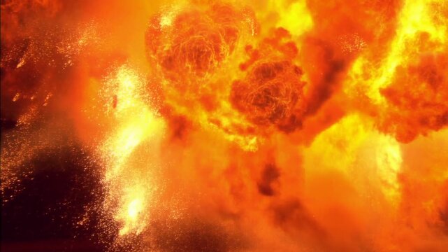 Slow motion close up of explosion erupting with fiery debris and smoke on dark outdoor set at night bright orange yellow fireball expanding