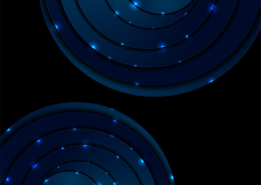 Dark blue abstract geometric circular background with neon glowing light. Futuristic retro vector design