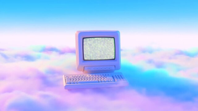 Tracking shot of vintage computer floating and approaching through pastel cloudscape with keyboard and crt monitor above horizon in soft dreamy sky