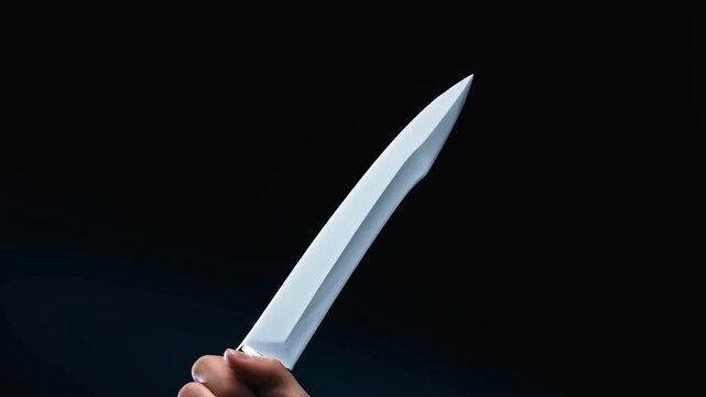 Slow motion tracking shot of hand raising knife upward in dark studio with black background closeup and reflective blade