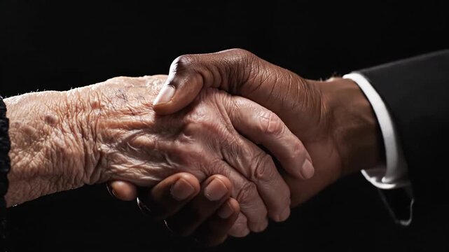 Diverse handshake: Old hand clasps young hand, symbolizing unity and connection