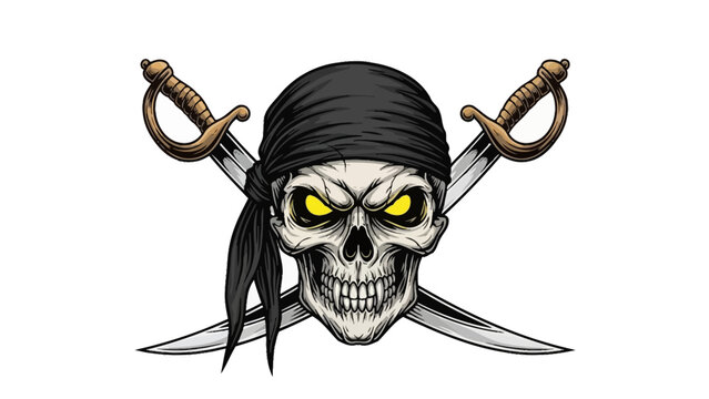 Pirate skull illustration with crossed swords and black bandana on white background