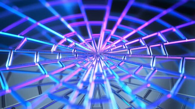 Tracking shot dolly forward through geometric neon grid converging toward center inside reflective metallic dome installation with blue and magenta glowing lights