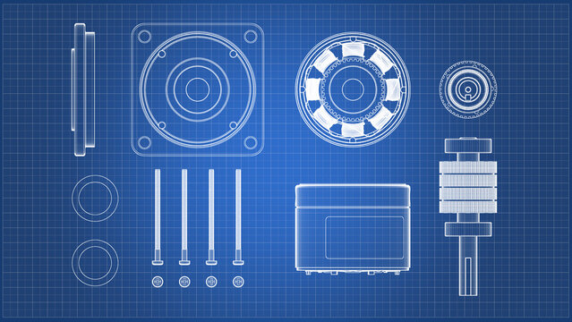 AC Servo Motor for CNC - Complete Disassembly - Drawing. 3D rendering isolated on blue background. 3D Mesh, Sketch, Vector style. Ideal for educational, engineering, and industrial design.