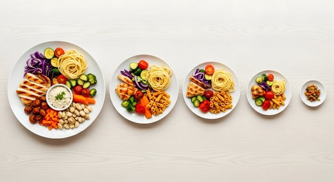 Healthy meal portion control concept with four plates of decreasing size, featuring grilled chicken, vegetables, and fruits on a light wooden background.