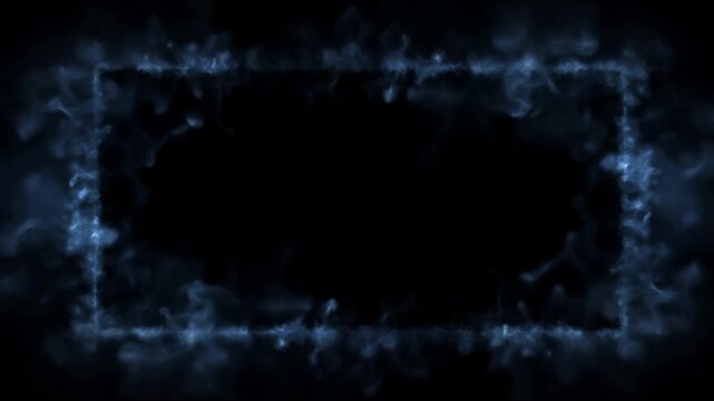 Slow motion of glowing blue smoke forming rectangular frame portal over black background with subtle inward drift and dissipating edges in studio setting