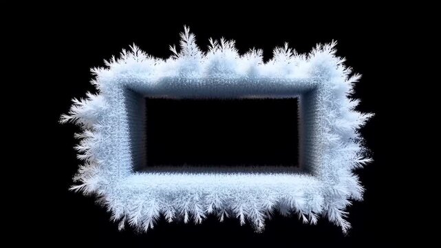 Time lapse close up of frost crystal growth forming around rectangular window frame on black background in studio setting