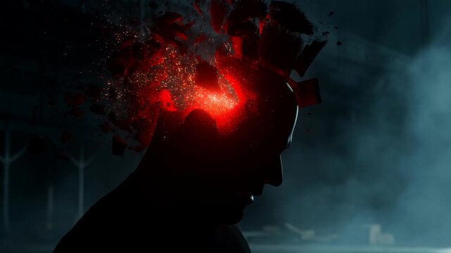 Slow motion static close reveal of silhouetted head with internal brain explosion and shattering red particles in dark industrial warehouse interior at night