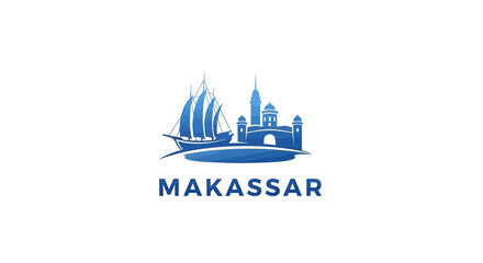 Naklejka premium Makassar City Logo - A Detailed Blue Silhouette of Landmarks and Boats.
