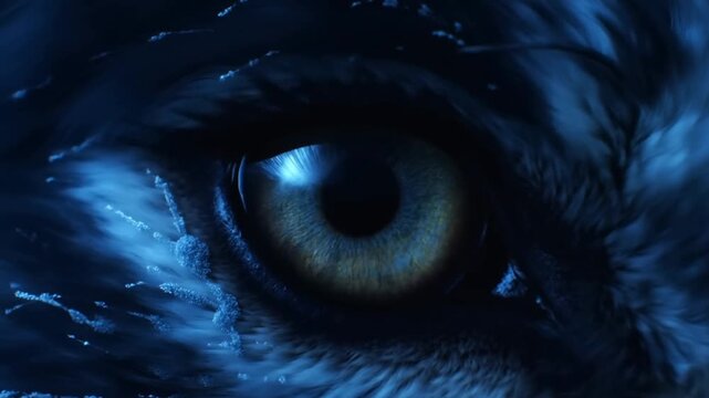 Slow motion tracking closeup of wolf eye blinking and staring in snowy forest at night with icy blue fur lighting