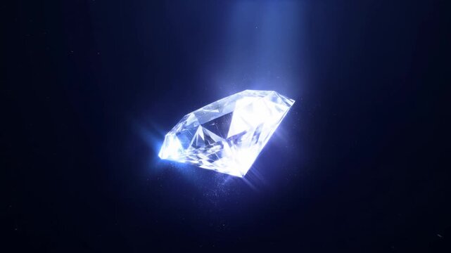 Slow motion close up tracking shot of diamond rotating and sparkling in dark space with vertical light beam and particle glow