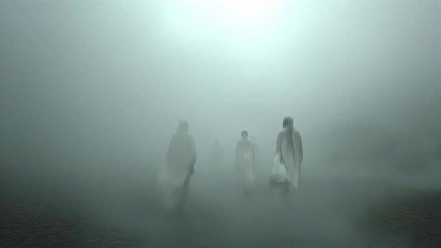 Mysterious robed figures emerging from fog in a procession. Eerie walking sequence through dense mist. Atmospheric supernatural scene for horror fantasy concepts.