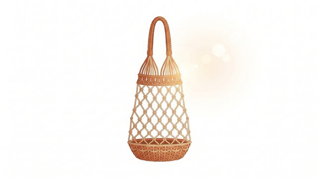Boho macrame bottle holder, a rustic woven rope bag for wine or water bottles, perfect for picnics and beach outings, natural fiber craft illustration.