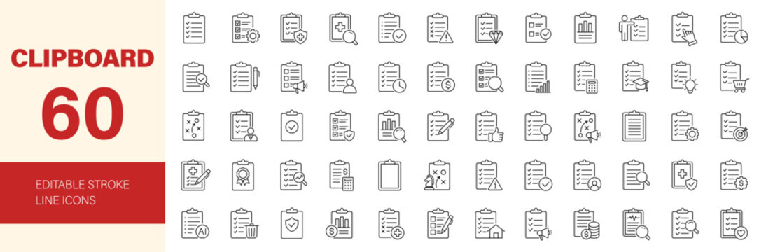 Clipboard icon set. Editable line icons. Vector illustration.