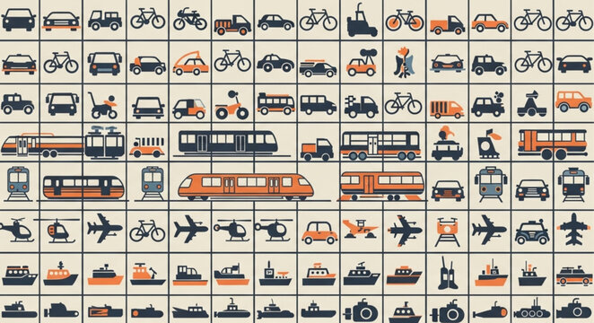 Collection of diverse transportation vehicles and modes of travel.