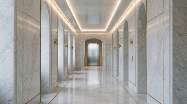 Elegant hallway with classical columns and soft lighting