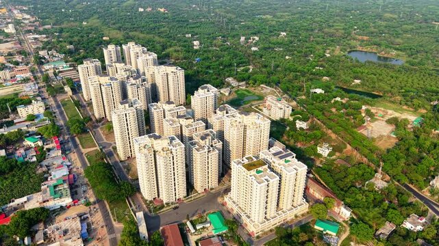 Urban landscape featuring modern high-rise buildings and green spaces