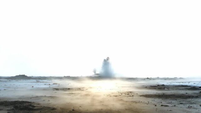 Geyser erupting in sandy desert landscape. Steam plume rising from ground near lone tree in sequence of natural geothermal activity