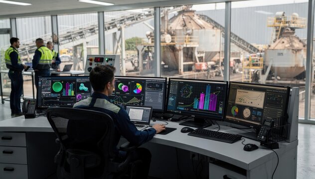 Medium shot of operators monitoring AIdriven blending systems in a control room optimizing asphalt mix for road construction quality and efficiency.
