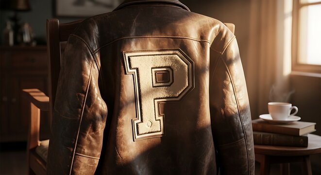 Brown leather jacket with large P letter on back in cozy room