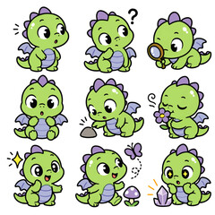 Obraz premium cute curious baby dragon doodle character set
